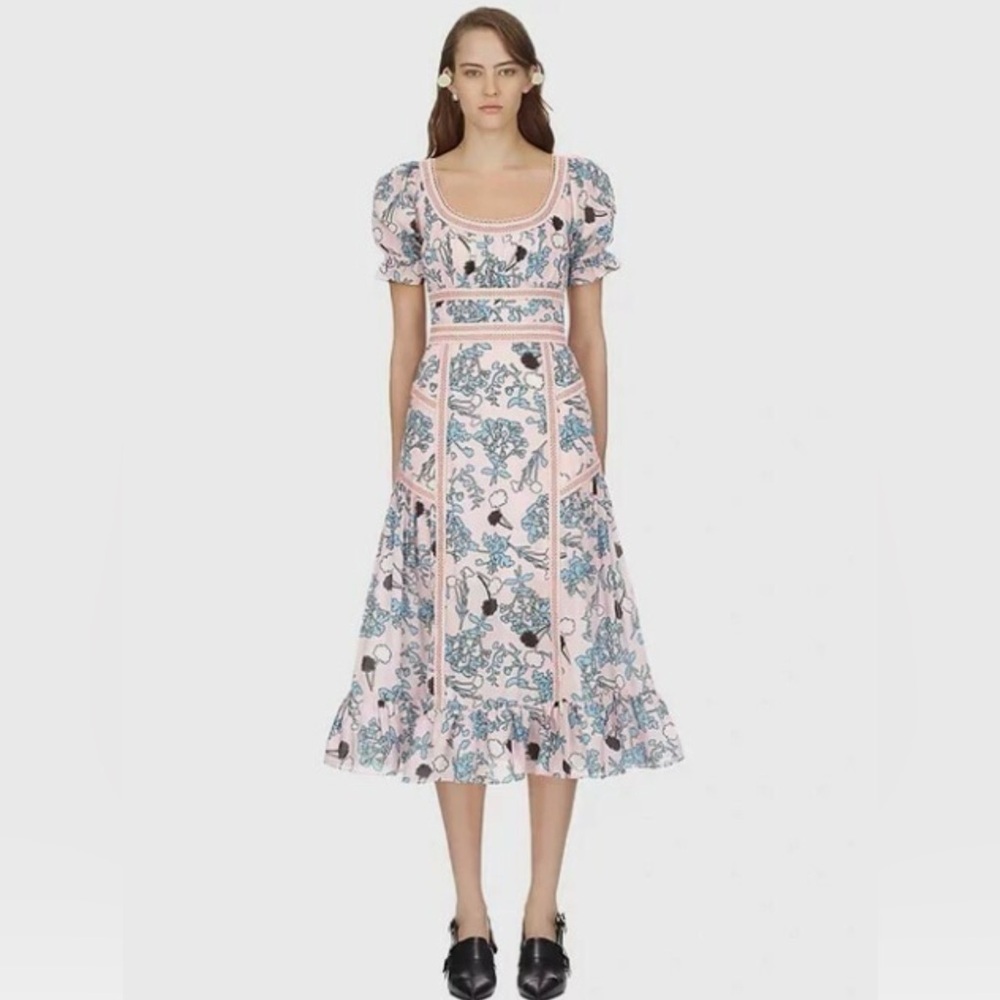 Self Portrait Pink Blue Printed Floral Midi Dress size 0